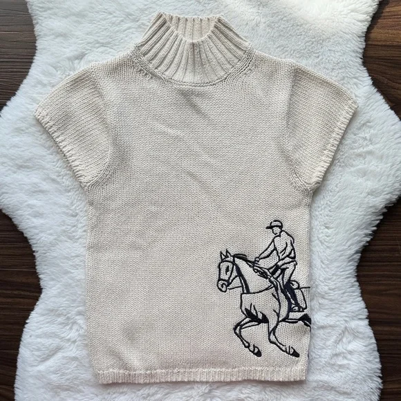 NWOT Maeve Equestrian Embroidered Mock-Neck Short-Sleeve Sweater Small Petite - Picture 3 of 9